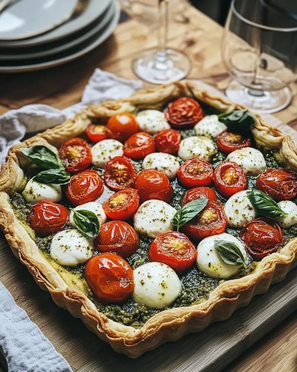Tarte Express aux Tomates Cerises, Mozzarella et Pesto 4 Tarte aux tomates cerises sur lit de pesto a table