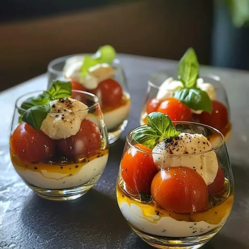 Verrines Apéritives Tomates Cerises Confites, Mozzarella et Basilic 5 Verrines Apéritives Tomates Cerises Confites, Mozzarella et Basilic