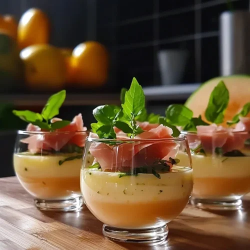 Verrines de Gaspacho de Melon à la Verveine, Jambon Cru Croustillant 5 Verrines de Gaspacho de Melon à la Verveine, Jambon Cru Croustillant