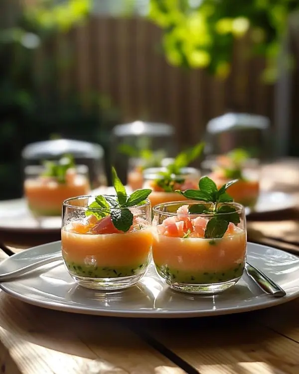Verrines de Gaspacho de Melon à la Verveine, Jambon Cru Croustillant 4 Verrines de Gaspacho de Melon à la Verveine, Jambon Cru Croustillant recette