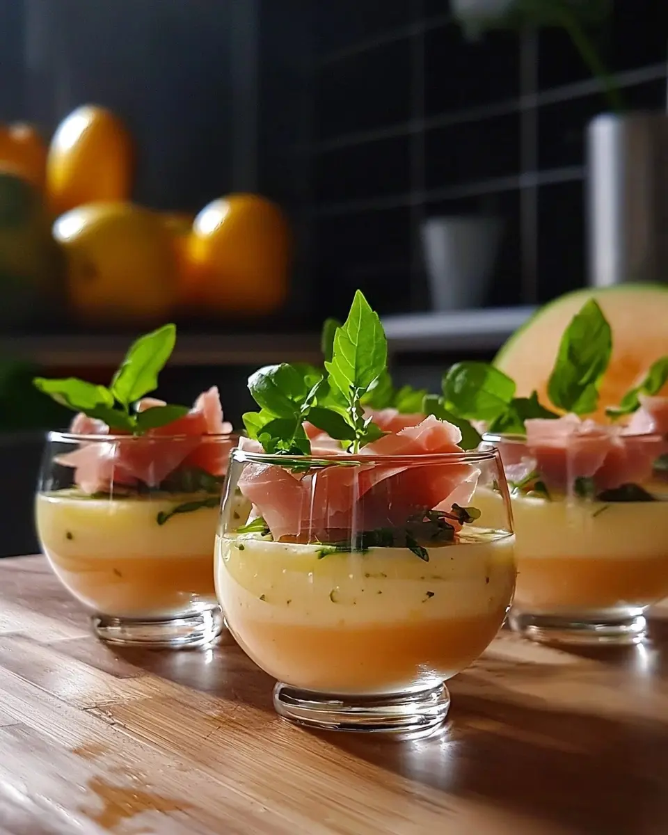Verrines de Gaspacho de Melon à la Verveine, Jambon Cru Croustillant 1 Verrines de Gaspacho de Melon à la Verveine, Jambon Cru Croustillant