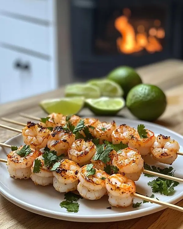 Brochettes de Crevettes Marinées Citron Vert & Coriandre 4 brochettes de crevettes marinées au citron a table