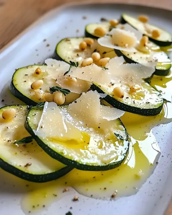 Carpaccio de Courgettes Parfumé 4 Carpaccio de Courgettes, Copeaux de Parmesan, Pignons de Pin et Vinaigrette au Citron