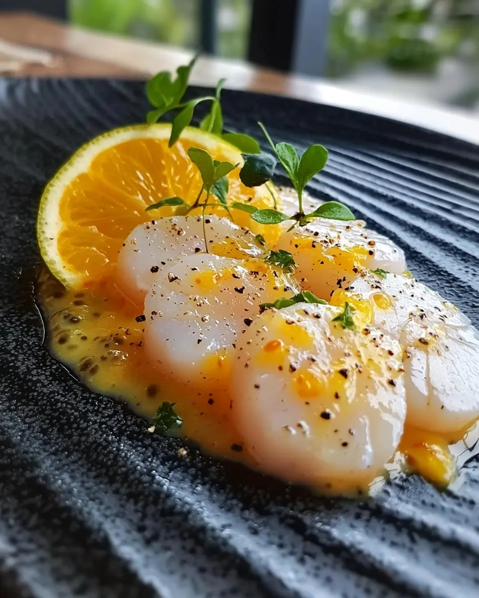 Carpaccio de Saint-Jacques Sublime 1 Carpaccio de Saint-Jacques, Vinaigrette Passion-Agrumes