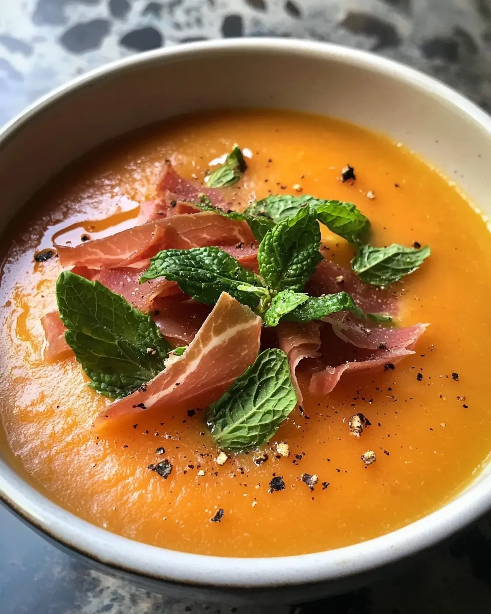 Gaspacho de Melon à la Menthe et Éclats de Jambon Cru 1 Gaspacho de Melon à la Menthe et Éclats de Jambon Cru
