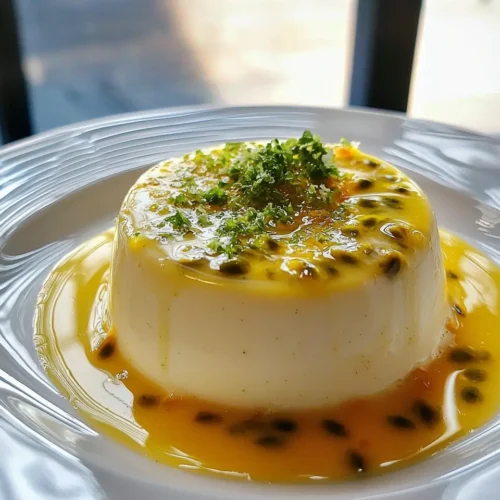 Panna Cotta au Lait de Coco Veloutée 5 Panna Cotta au Lait de Coco, Coulis de Fruit de la Passion et Zestes de Citron Vert