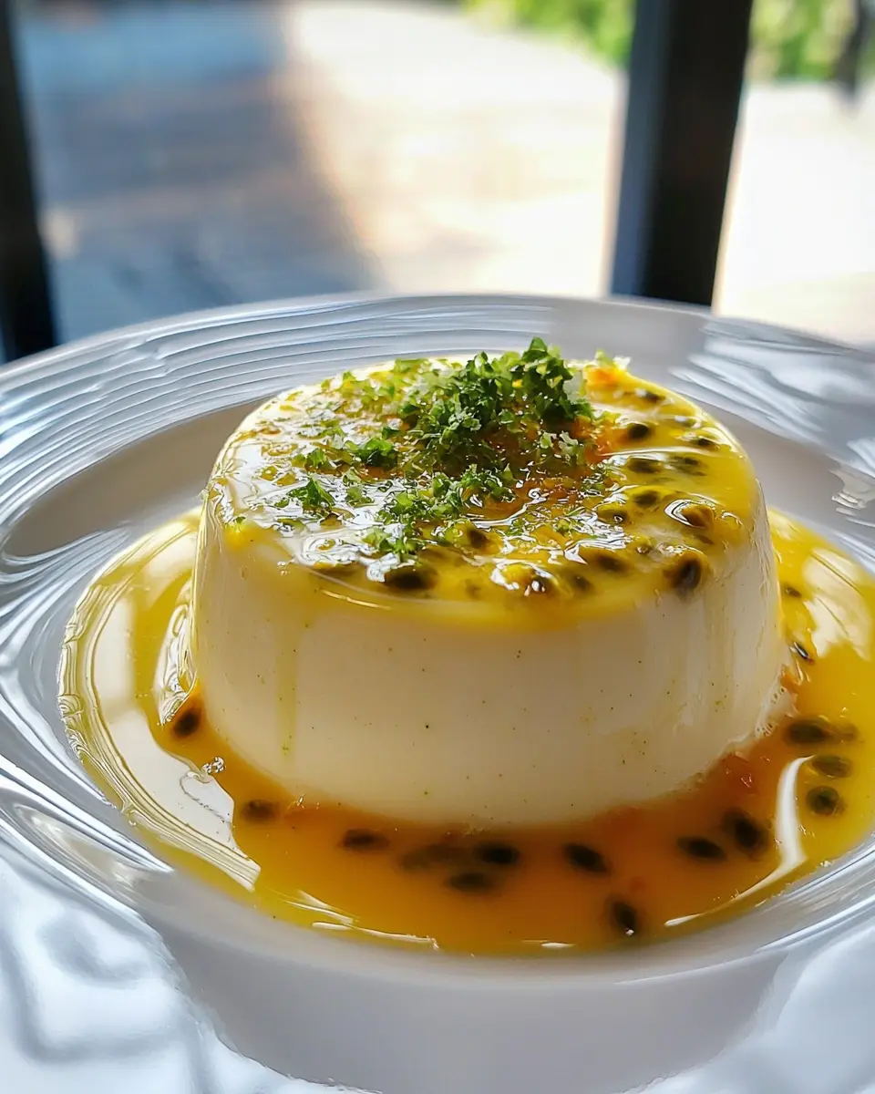 Panna Cotta au Lait de Coco Veloutée 1 Panna Cotta au Lait de Coco, Coulis de Fruit de la Passion et Zestes de Citron Vert