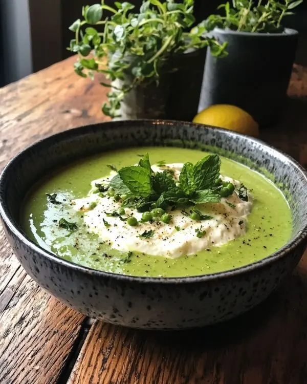Velouté Glacé de Petits Pois à la Menthe Frappant 4 Recette Velouté Glacé de Petits Pois à la Menthe, Nuage de Ricotta Citronnée