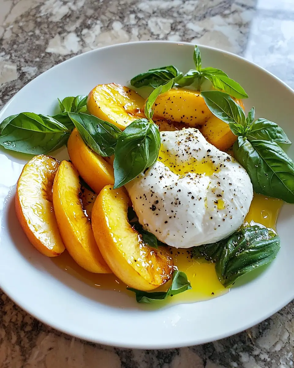 Salade Tiède de Pêches Rôties, Burrata et Basilic 1 Salade Tiède de Pêches Rôties, Burrata et Basilic