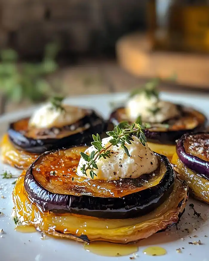 Mini Tatins d'Aubergines Caramélisées 5 Tatin Express d'Aubergines au Miel & Burrata Fumée
