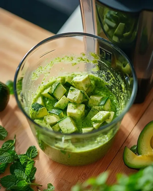 Velouté Glacé de Courgettes, Avocat et Menthe Soyeux 3 préparation de Velouté Glacé de Courgettes, Avocat et Menthe