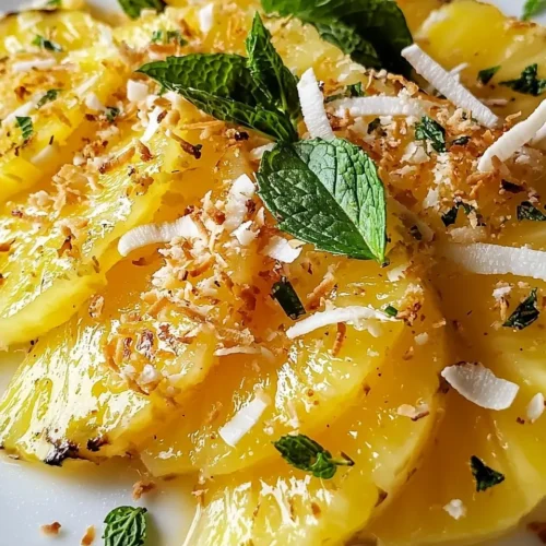 Carpaccio d'Ananas Mariné au Citron Vert et à la Menthe Explosif 5 Carpaccio d'Ananas Mariné au Citron Vert et à la Menthe, Éclats de Coco Grillée
