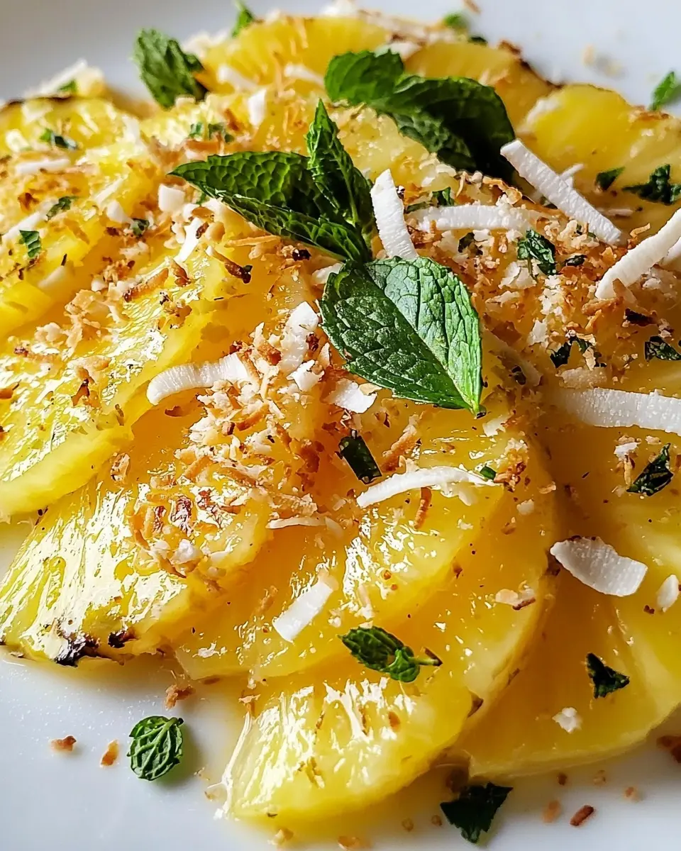 Carpaccio d'Ananas Mariné au Citron Vert et à la Menthe Explosif 1 Carpaccio d'Ananas Mariné au Citron Vert et à la Menthe, Éclats de Coco Grillée