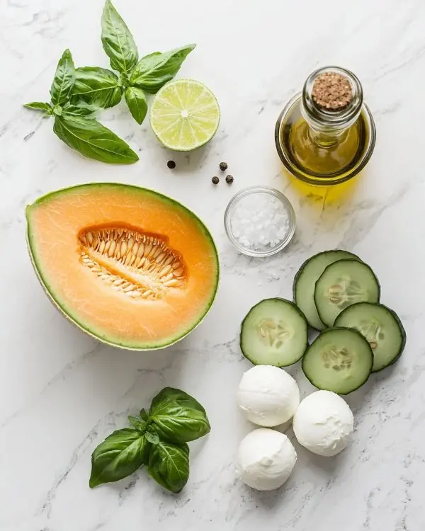 Velouté Glacé Melon, Concombre et Basilic 2 Concombre et Basilic, Billes de Mozzarella