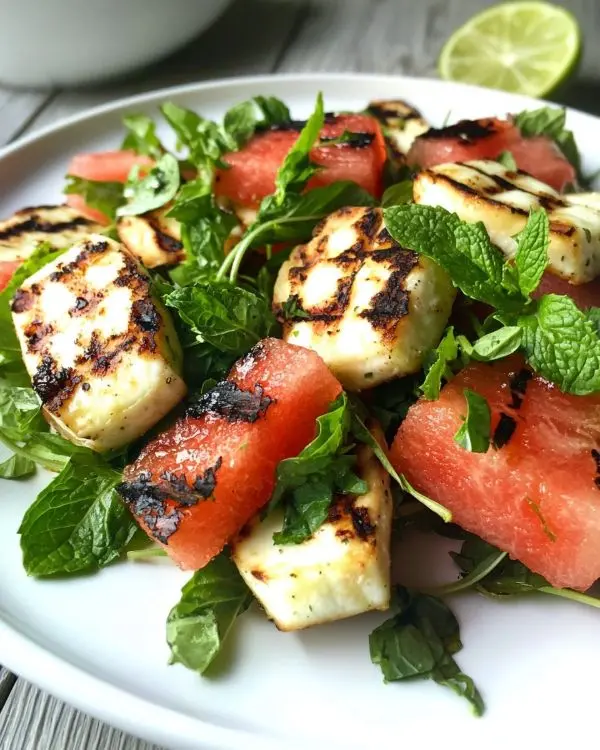 Salade Tiède de Halloumi Grillé Croustillante 3 Pastèque et Vinaigrette à la Menthe pour Salade Tiède de Halloumi Grillé