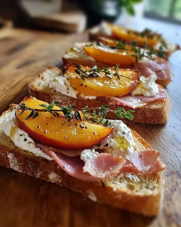 Tartines de Campagne Gourmandes 4 Ricotta Fouettée, Pêches Rôties au Thym & Jambon Serrano