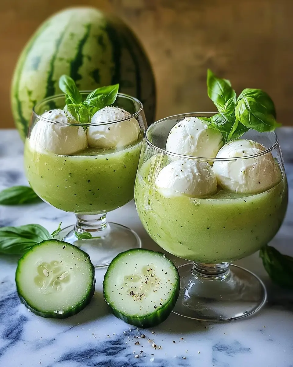 Velouté Glacé Melon, Concombre et Basilic 1 Velouté Glacé Melon, Concombre et Basilic, Billes de Mozzarella
