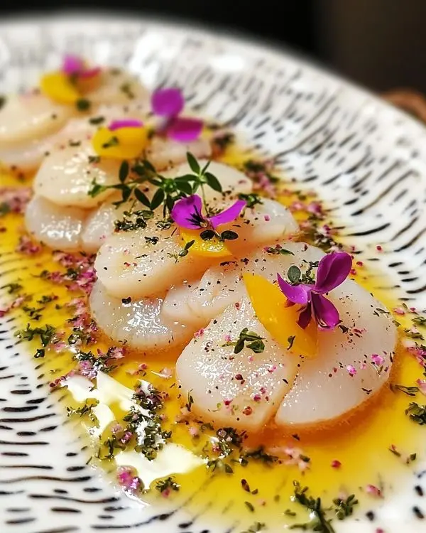 Carpaccio de Saint-Jacques Magique 2 Carpaccio de Saint-Jacques, Vinaigrette à la Verveine, Pêche Blanche & Poivre Rose
