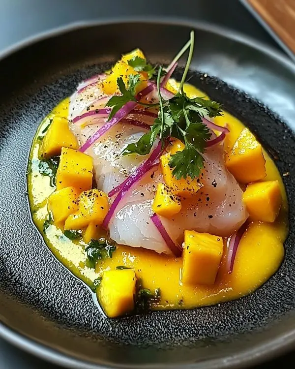 Ceviche de Daurade Exotique 3 Ceviche de Daurade, Leche de Tigre au Lait de Coco et à la Mangue, Maïs Grillé