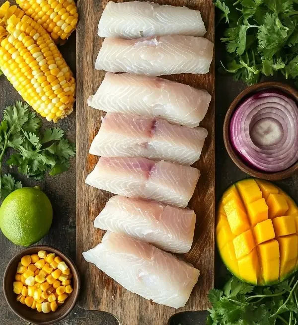 Ceviche de Daurade Exotique 2 Les ingrédients pour Ceviche de Daurade, Leche de Tigre au Lait de Coco et à la Mangue, Maïs Grillé