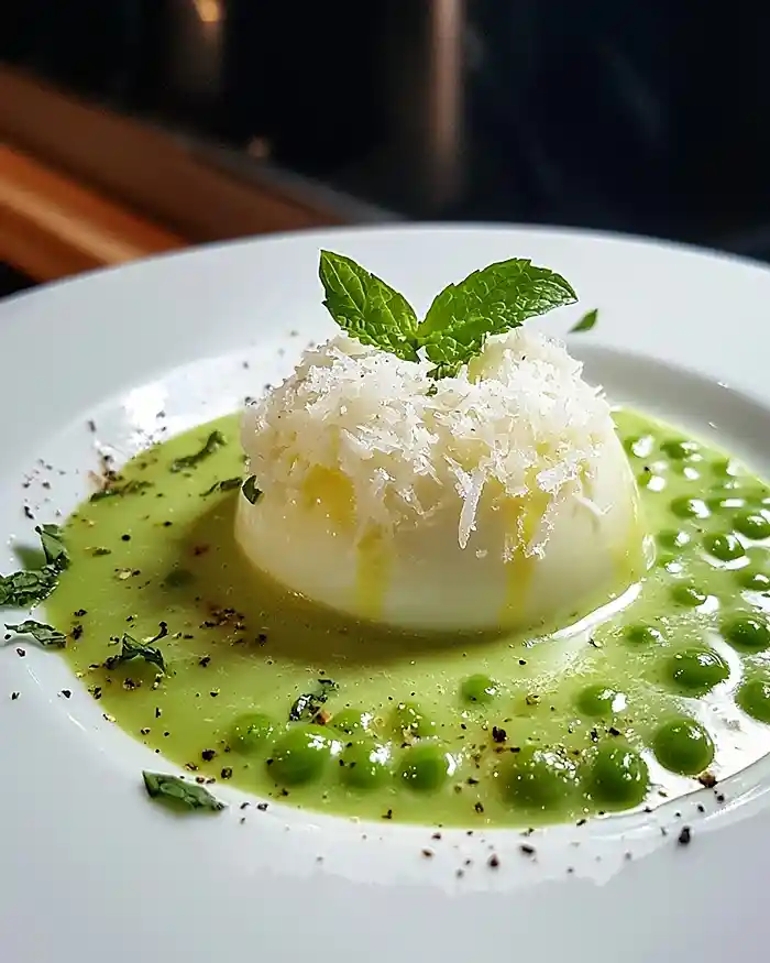Ma recette Île Flottante au Parmesan sur Velouté Glacé de Petits Pois à la Menthe