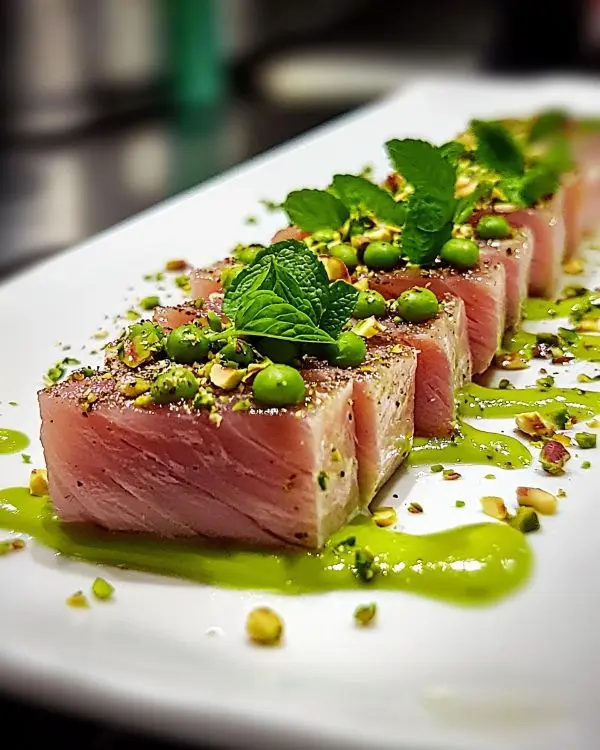 Tataki de Thon Soyeux 4 Recette Tataki de Thon, Crème de Petits Pois & Pistaches