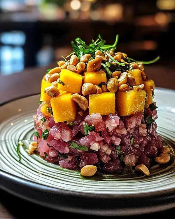 Tartare de Bœuf Façon Thaï 4 Tartare de Bœuf Façon Thaï, Mangue Fraîche et Cacahuètes Grillées