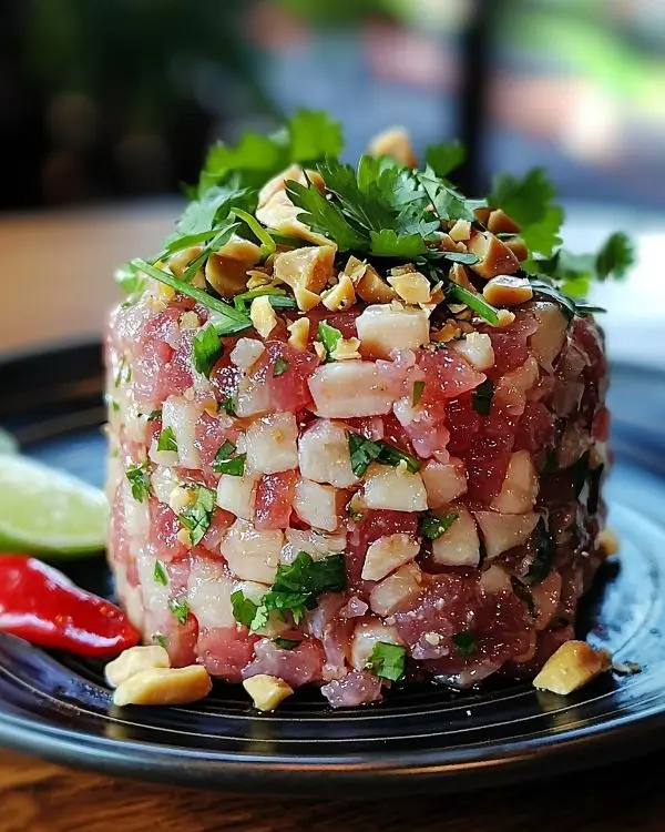 Tartare de Veau Façon Thaï 4 Tartare de Veau Façon Thaï, Vinaigrette Coco-Citronnelle et Éclats de Cacahuètes