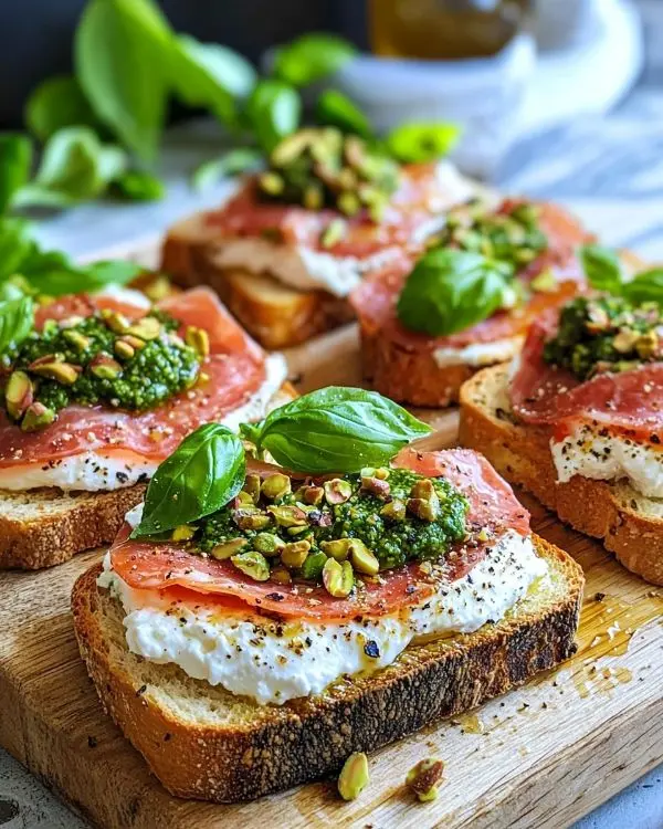Tartines de Pain Grillé Ricotta Mortadelle 3 Tartines de Pain Grillé, Ricotta Fouettée, Mortadelle, Pesto de Pistache et Miel