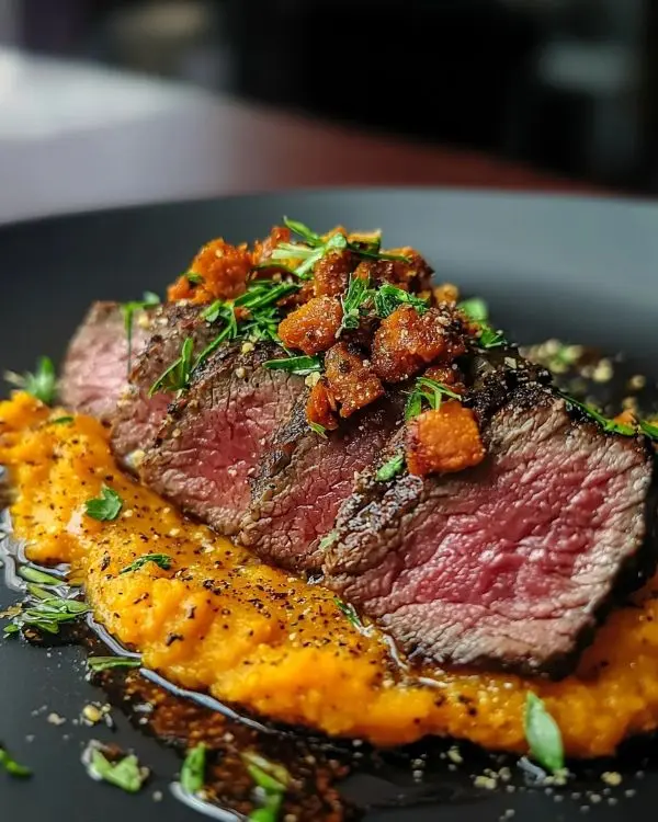 Tataki de Bœuf Purée de Patate Douce 3 Tataki de Bœuf, Purée de Patate Douce à la Fève Tonka & Crumble de Chorizo