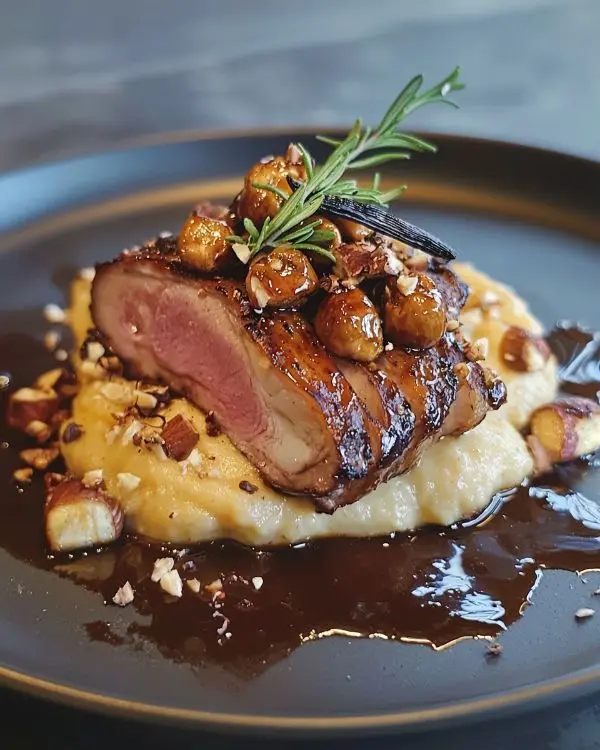 Tataki de Canard Laqué au Miel de Lavande 4 Tataki de Canard Laqué au Miel de Lavande, Purée de Panais Vanillée & Noisettes