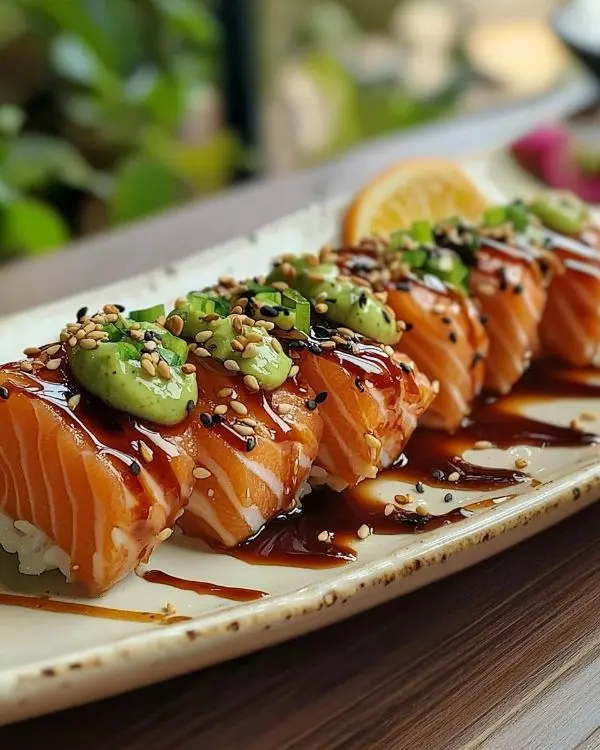 Tataki de Saumon Mariné Soja-Érable Sublime 4 Tataki de Saumon Mariné Soja-Érable, Crème d'Avocat au Yuzu et Sésame Grillé