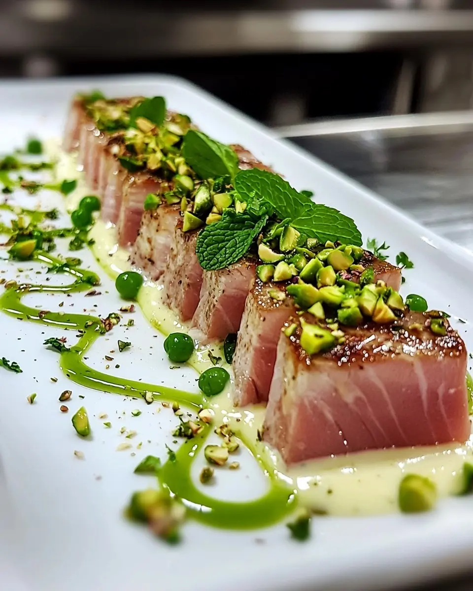 Tataki de Thon Soyeux 1 Tataki de Thon, Crème de Petits Pois & Pistaches