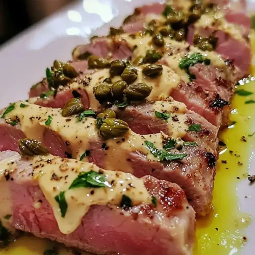 Tataki de Veau Soyeux 5 Tataki de Veau, Crème de Thon Façon Vitello Tonnato et Câpres Frites