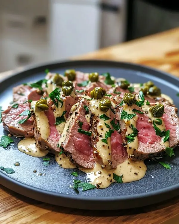 Tataki de Veau Soyeux 4 Tataki de Veau, Crème de Thon Façon Vitello Tonnato et Câpres Frites