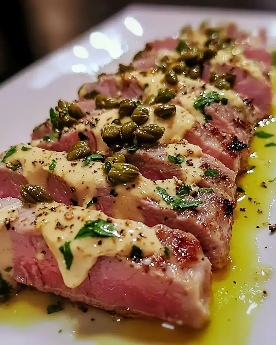 Tataki de Veau Soyeux 1 Tataki de Veau, Crème de Thon Façon Vitello Tonnato et Câpres Frites