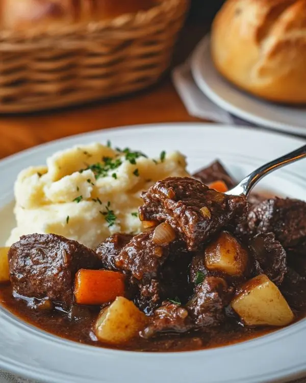 Les Meilleures Recettes Mijotés de Bœuf 9 Assiette de bœuf bourguignon mijoté servi avec purée - plat réconfortant au bœuf