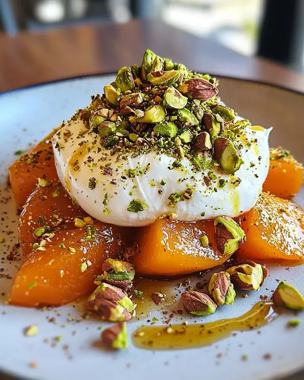 Burrata sur Carpaccio de Kaki Exquis 2 Burrata sur Carpaccio de Kaki, Vinaigrette au Miel & Za'atar, Éclats de Pistaches