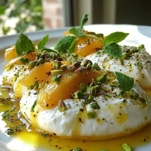 Burrata sur Carpaccio de Pêches Blanches Rôties 5 Burrata sur Carpaccio de Pêches Blanches Rôties au Thym, Vinaigrette à la Verveine & Éclats de Pistaches