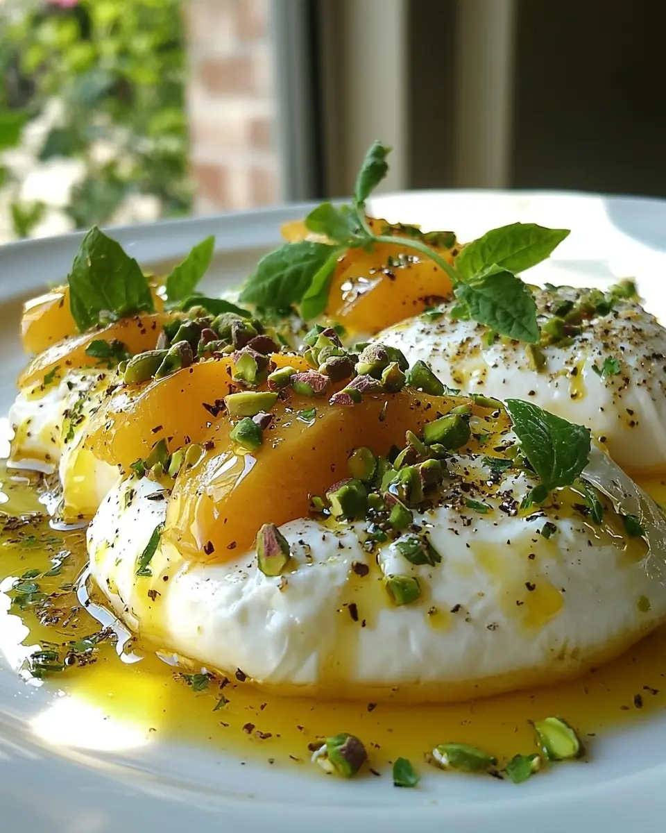 Burrata sur Carpaccio de Pêches Blanches Rôties 1 Burrata sur Carpaccio de Pêches Blanches Rôties au Thym, Vinaigrette à la Verveine & Éclats de Pistaches