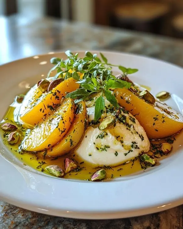 Burrata sur Carpaccio de Pêches Blanches Rôties 4 Burrata sur Carpaccio de Pêches Blanches Rôties