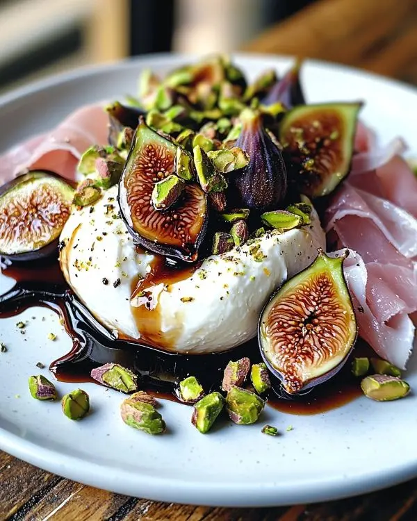 Burrata sur Figues Rôties Caramélisées 4 Burrata sur Figues Rôties au Balsamique avec jambon de Parme et éclats de pistaches