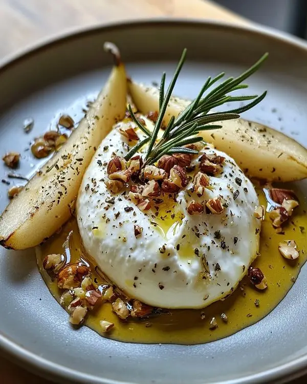 Burrata sur Poires Rôties au Miel & Romarin 4 Burrata sur Poires Rôties au Miel & Romarin, Éclats de Noisettes