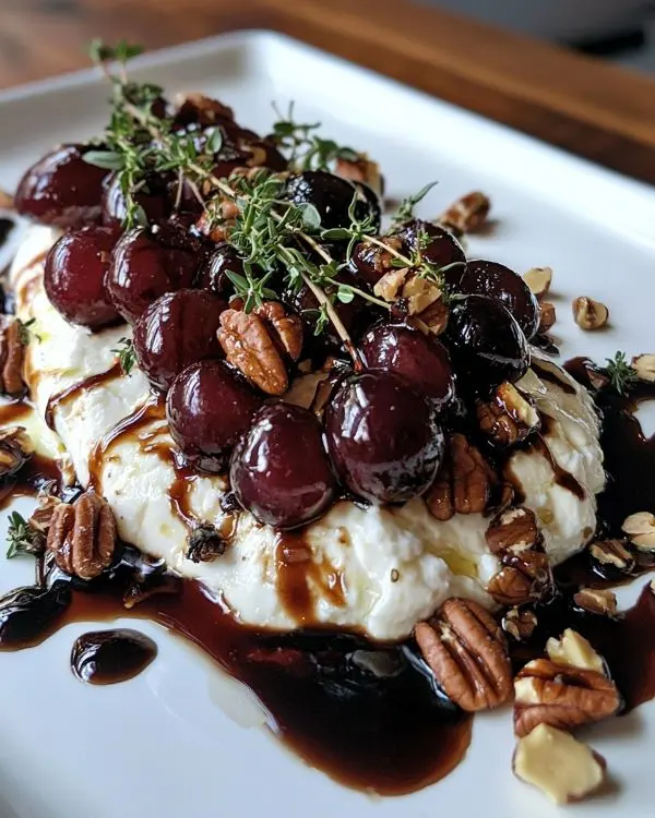 Burrata sur Raisins Rôtis au Thym Fondante 4 Burrata sur Raisins Rôtis au Thym, Éclats de Noix et Réduction de Balsamique