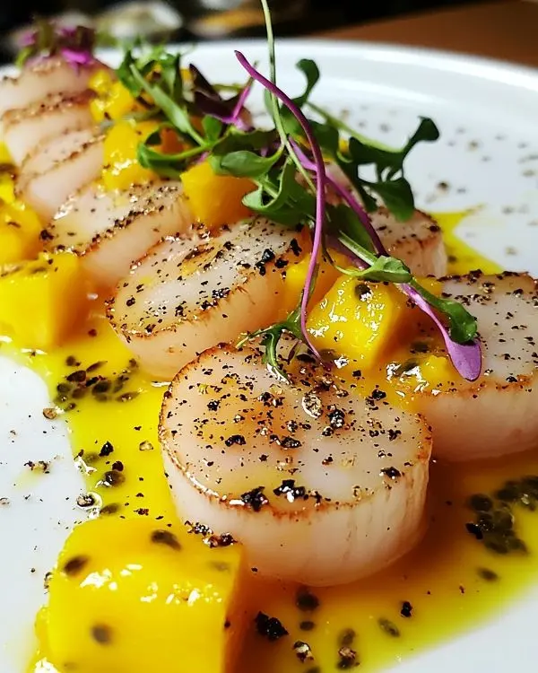 Carpaccio de Saint-Jacques Vinaigrette Mangue-Passion 2 Carpaccio de Saint-Jacques, Vinaigrette Mangue-Passion & Poivre de Timut
