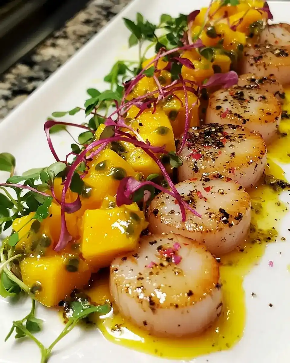 Carpaccio de Saint-Jacques Vinaigrette Mangue-Passion 1 Carpaccio de Saint-Jacques Vinaigrette Mangue