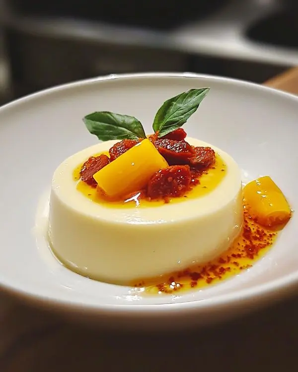 Panna Cotta Salée au Parmesan Exquise 3 Coulis de Poivron Jaune & Chorizo Croustillant