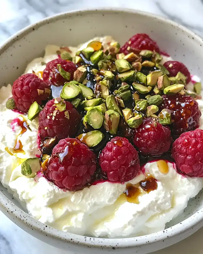 Feta Fouettée à la Pistache, Framboises Rôties au Balsamique & Miel