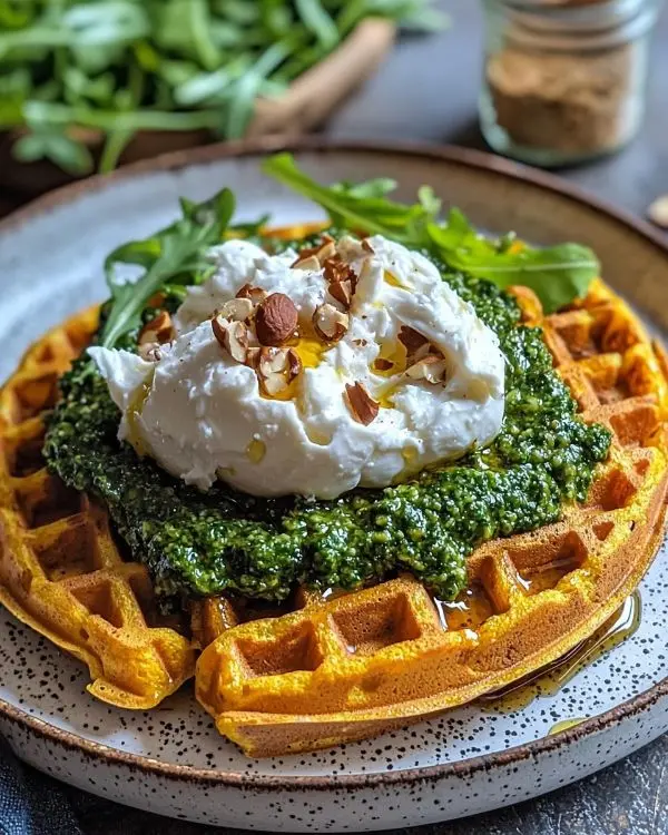 Gaufre de Patate Douce, Burrata, Pesto de Noisettes 3 Gaufre de Patate Douce, Burrata, Pesto de Noisettes & Miel Épicé