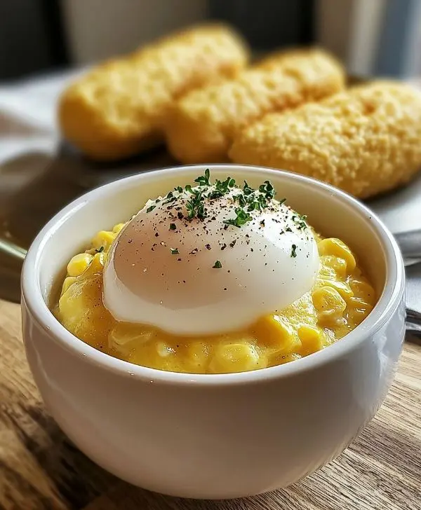 Île Flottante Salée Façon Œuf à la Coque 4 Île Flottante Salée Façon Œuf à la Coque Mousse au Parmesan sur Velouté de Maïs, Mouillettes de Polenta Grillée